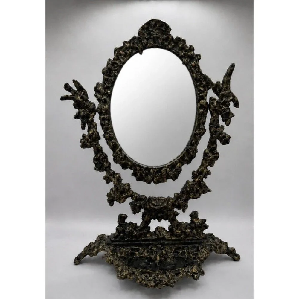 Vintage Style Ornate Vanity Mirror Metal Tabletop with Tray